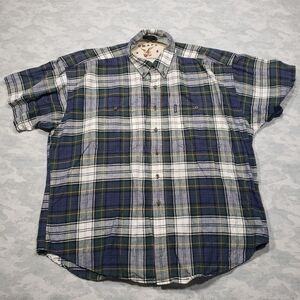 Ralph Lauren Chaps Shirt Mens XL Blue Plaid Linen Blend Short Sleeve Button Down
